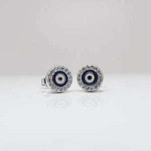 925 Sterling Silver Round Enamel & CZ Evil Eye Stud Earrings