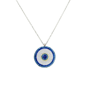 925 Sterling Silver Large Modern Micro Pave Evil Eye Disk Necklace