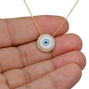 925 Sterling Silver or 18K Gold Plated  Framed Round Mother of Pearl Evil Eye