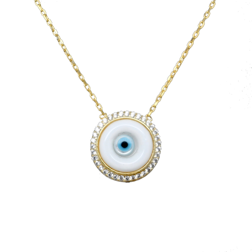 925 Sterling Silver or 18K Gold Plated  Framed Round Mother of Pearl Evil Eye