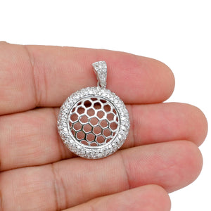 925 Sterling Silver Dangling Beehive Disk Pendant with Micro Pave Diamond Stimulants Necklace