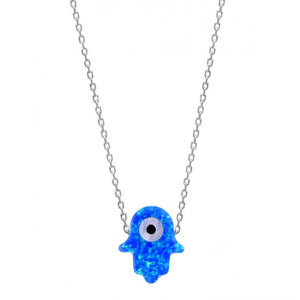 925 Sterling Silver Blue Opal Hamsa with Evil Eye Necklace