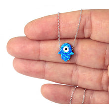 Load image into Gallery viewer, 925 Sterling Silver Blue Opal Hamsa with Evil Eye Necklace
