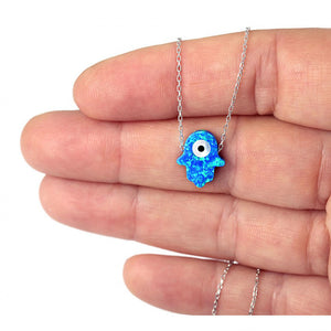 925 Sterling Silver Blue Opal Hamsa with Evil Eye Necklace