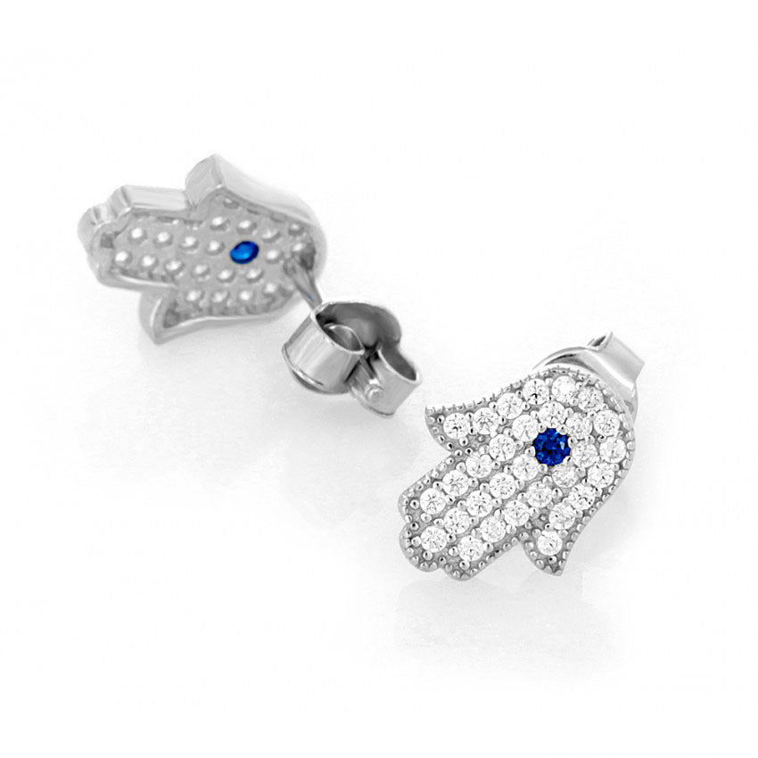 925 Sterling Silver Hamsa Earrings with Blue Accent