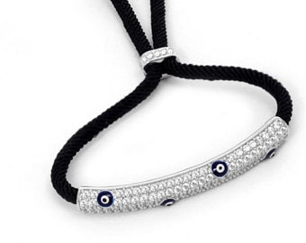 925 Sterling Silver Bar with Eyes Adjustable Black Cord Bracelet