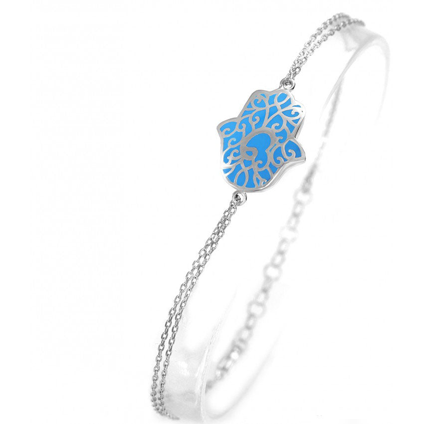 925 Sterling Silver Double Stranded Blue Lace Hamsa Bracelet
