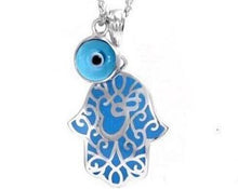 Load image into Gallery viewer, Blue Lace Hamsa w/Evil Eye Silver Necklace
