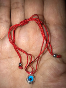 925 Sterling Silver Bezel Dangling Evil Eye with Red Silk Adjustable Bracelet