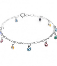 Load image into Gallery viewer, 925 Sterling Silver Anklet with Dangling Colorful Evil Eyes
