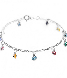 925 Sterling Silver Anklet with Dangling Colorful Evil Eyes