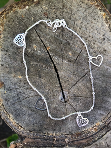 Sterling Silver Box Chain with Beads and Dangling Hearts Anklet