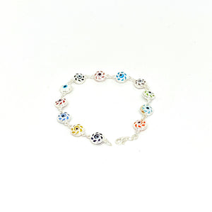 925 Sterling Silver Dual Sided Filigree with Multicolored Murano Glass Evil Eye Bracelet