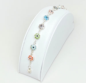 925 Sterling Silver Dual Sided Filigree with Multicolored Murano Glass Evil Eye Bracelet