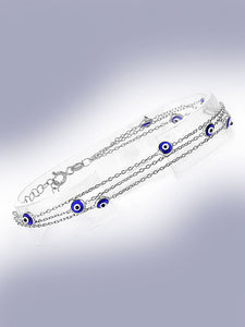 925 Sterling Silver Tri Link Bracelet with Dual Sided Blue Murano Glass Evil Eyes