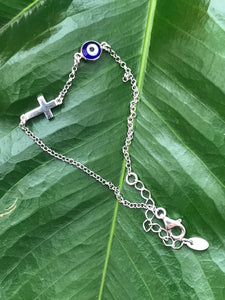 925 Sterling Silver Rolo Chain with Blue Translucent Murano Evil Eye & Cross Bracelet