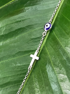 925 Sterling Silver Rolo Chain with Blue Translucent Murano Evil Eye & Cross Bracelet