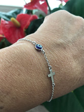 Load image into Gallery viewer, 925 Sterling Silver Rolo Chain with Blue Translucent Murano Evil Eye &amp; Cross Bracelet
