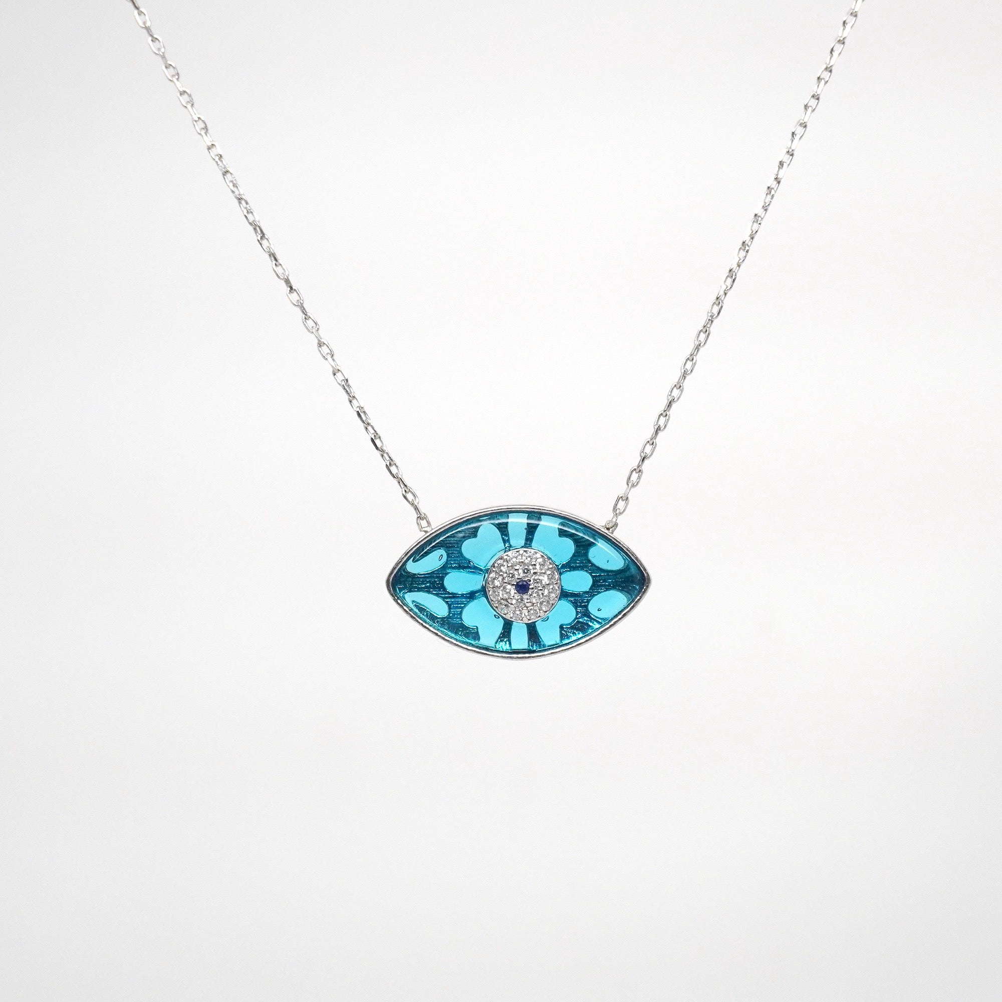 925 Sterling Silver Modern Marquee Bezel Set Evil Eye Necklace