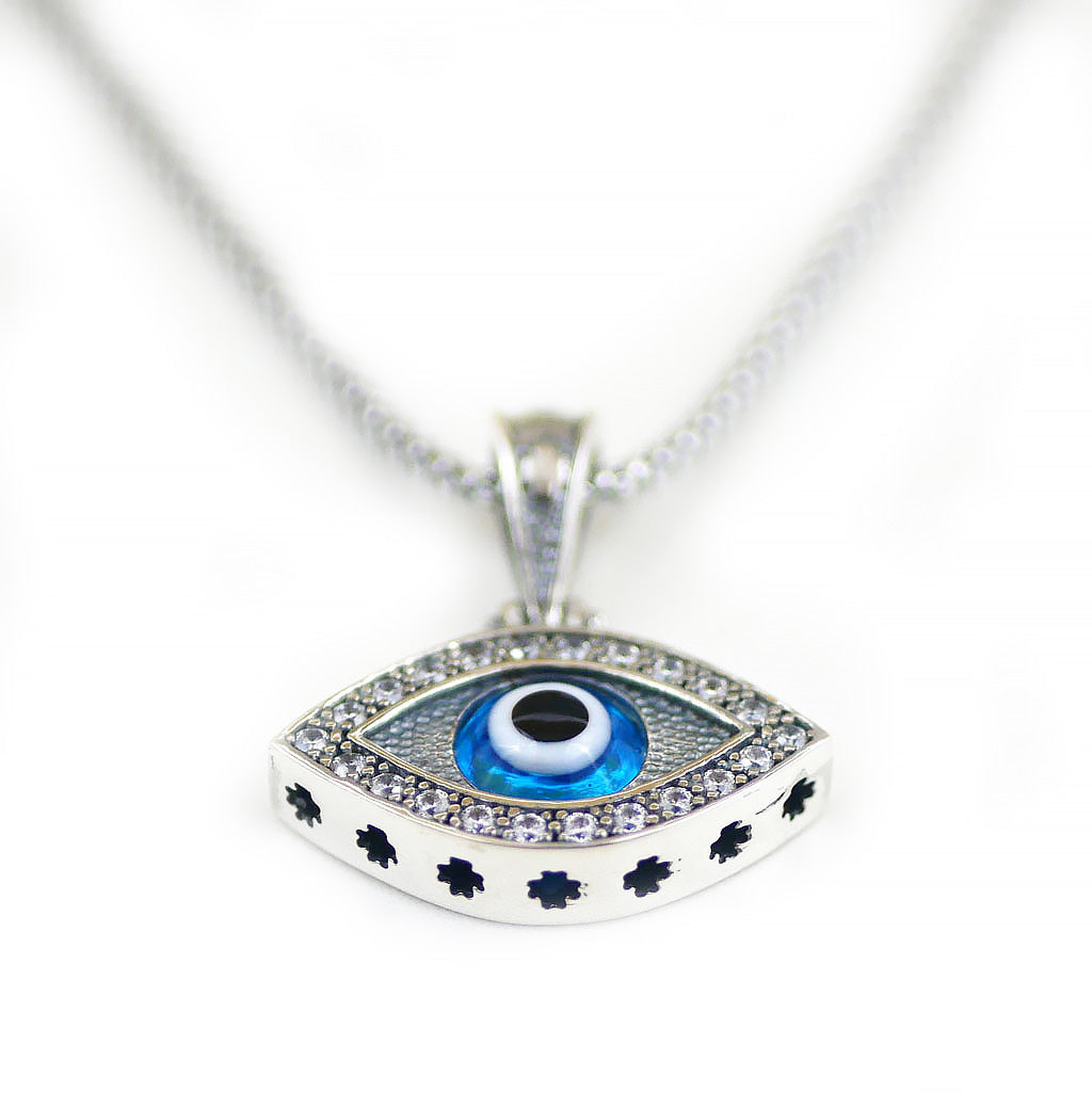 925 Sterling Silver Greek Mati Almond Shaped Evil Eye Necklace