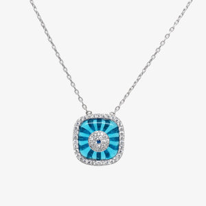 925 Sterling Silver Square Shaped Blue Evil Eye Necklace