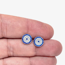 Load image into Gallery viewer, 925 Sterling Silver Large Round Pave Evil Eye Stud Earrings
